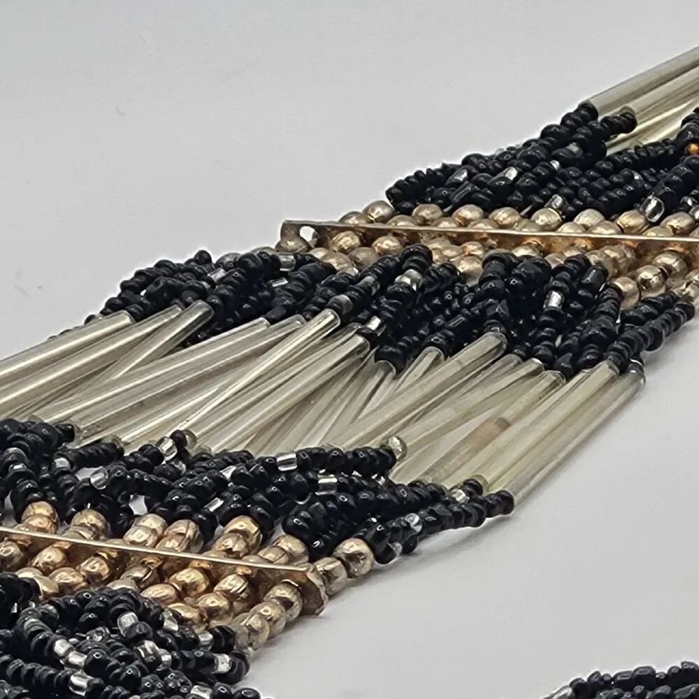 Vintage Silver Black Multistrand Seed Bead Statement Necklace Long 32in